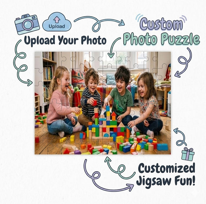 Wooden photo jigsaw puzzle panel with children image and custom photo graphics