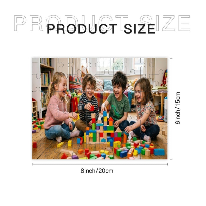 Wooden photo jigsaw puzzle with kids playing and colorful pieces, size markings