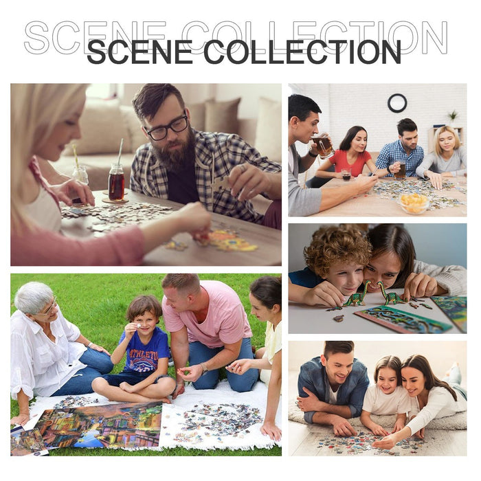 Collage of families assembling wooden photo jigsaw puzzles together on tables