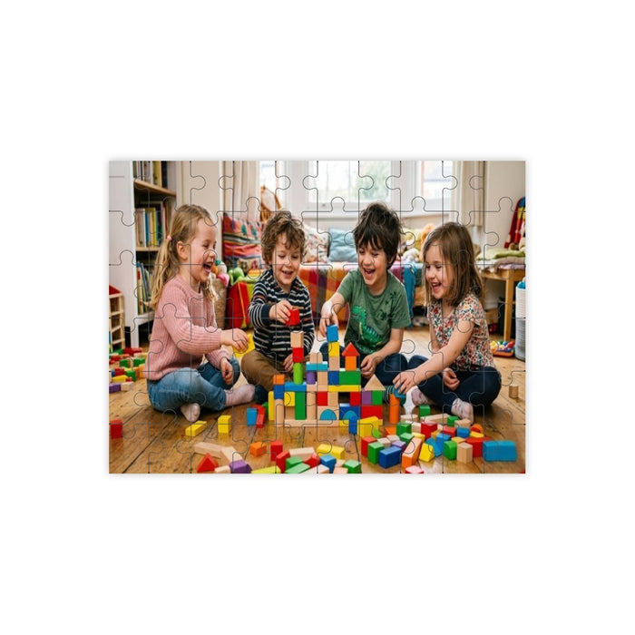 Custom photo wooden jigsaw puzzle with colorful pieces in a room, children playing
