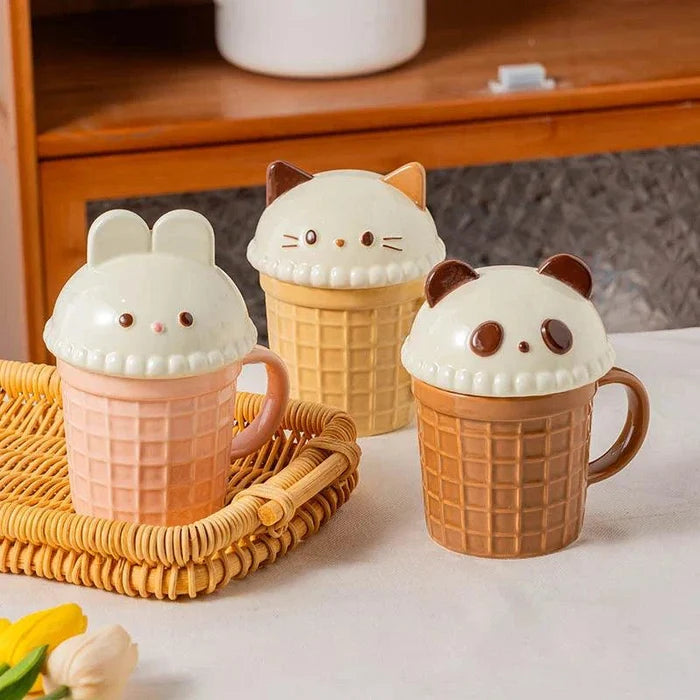 Animal ice cream mug set with cat, panda, and bunny faces in pink, cream, and tan