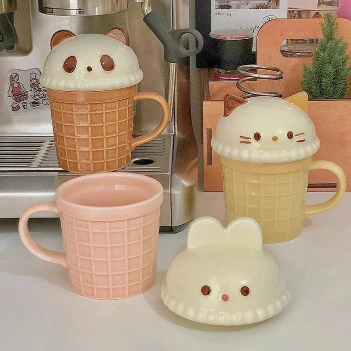 Animal ice cream mug set with cat and bunny faces, featuring pastel pink and tan mugs