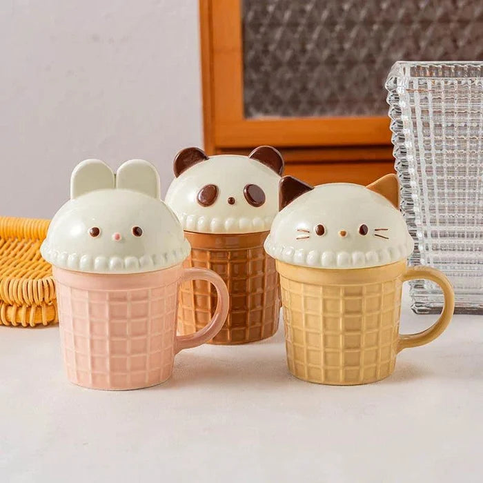 Animal ice cream mug set with cat, panda, and bunny faces on waffle-pattern cups