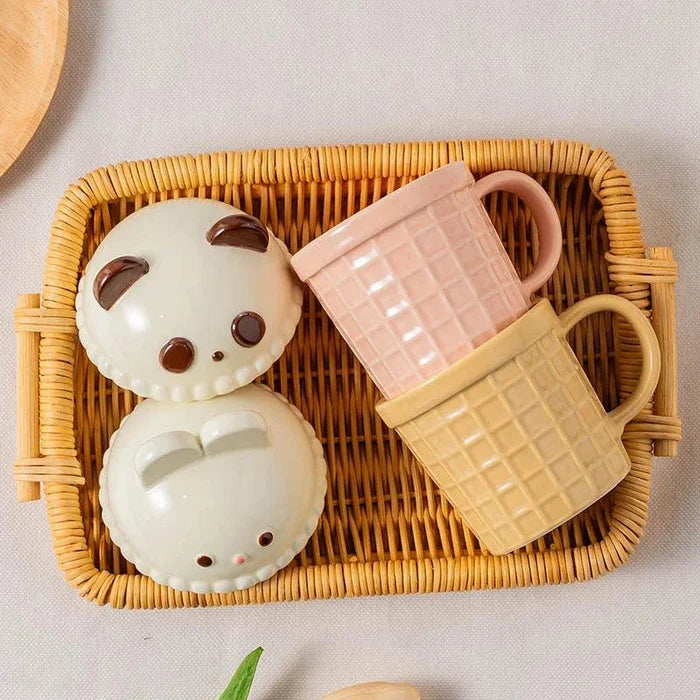 Animal ice cream mug set with cat and bunny lid faces on waffle-textured cups
