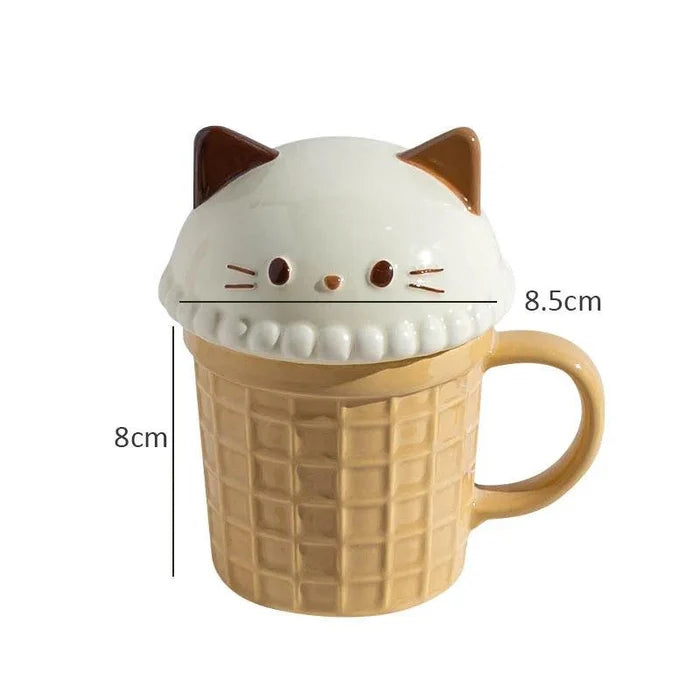 Animal ice cream mug with cat face lid and waffle-textured tan cup, cream handle