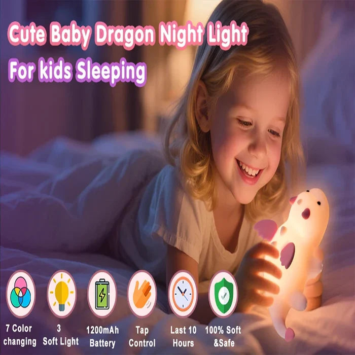 Glowing baby dragon night light with warm light and touch-control feature icons