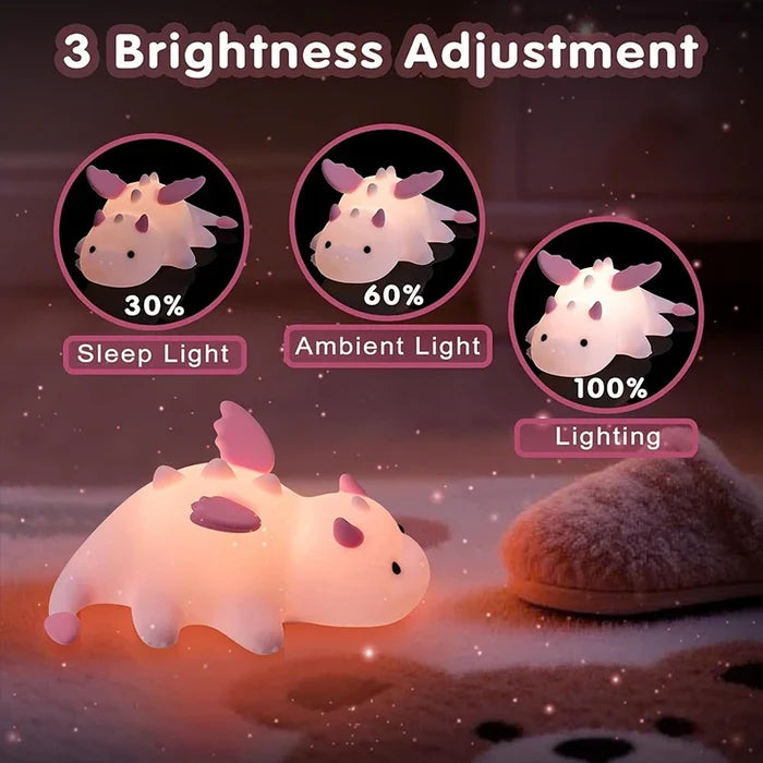 Baby dragon night light with adjustable brightness levels: 30%, 60%, and 100%