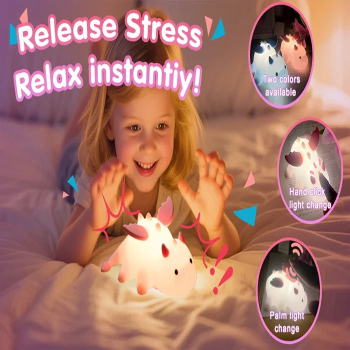 Tap-controlled baby dragon night light with color-changing glow and nightlight modes