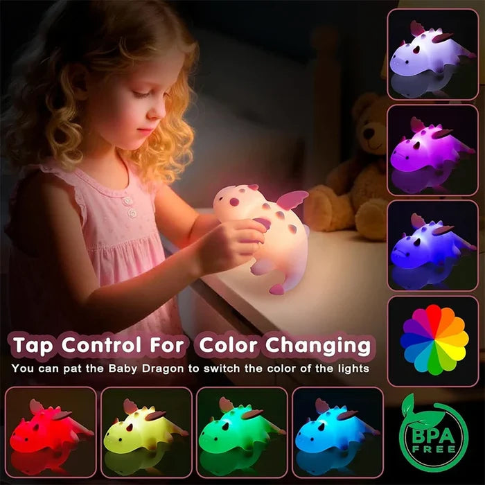 Color-changing baby dragon night light with tap control and glow color icons