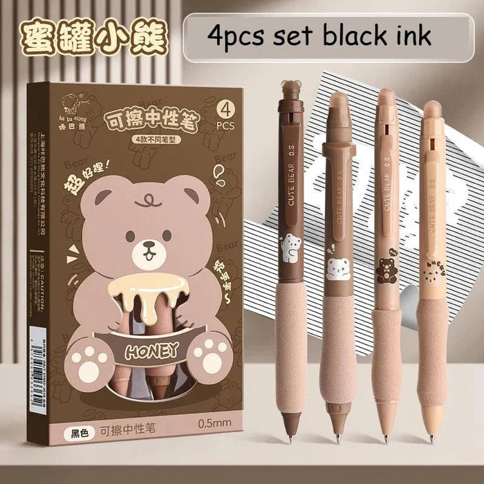 Set of four cute bear soft grip gel pens, beige barrels, black ink, 0.5 mm tips