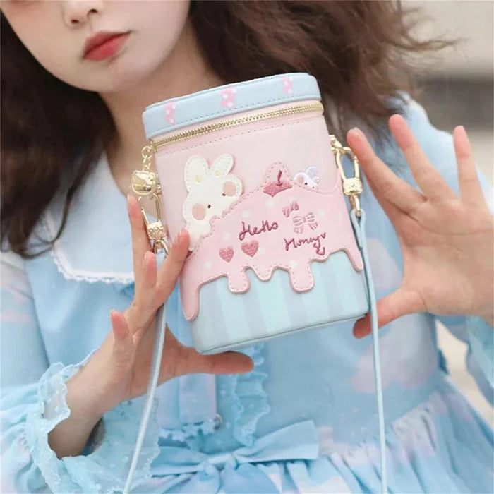 Bunny bucket bag in pink and light blue, zip top, bunny applique, hearts, crossbody strap