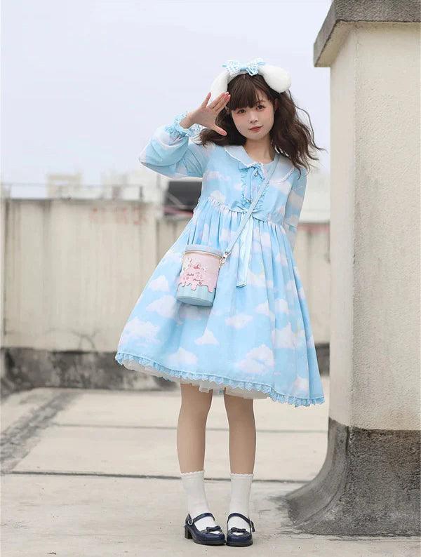 Pink and light blue bunny bucket bag with adjustable crossbody strap and zip closure
