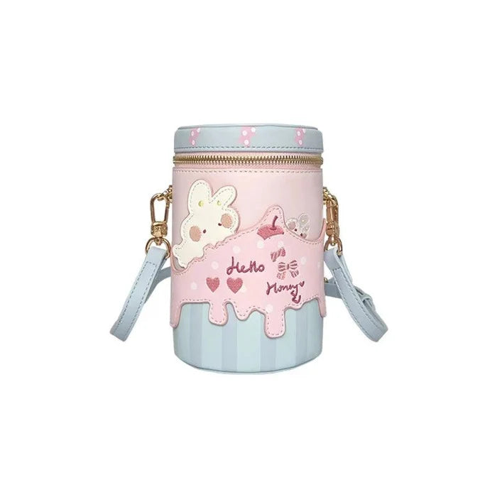 Pink and light blue bunny bucket bag, cylindrical shape, zip top, bunny applique and hearts