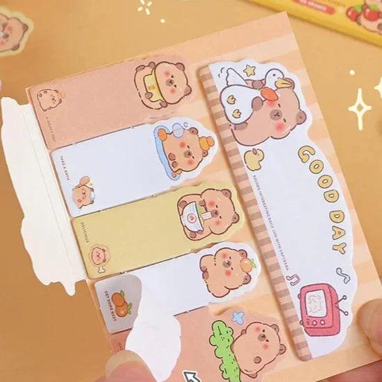 Capybara bookmark sticky notes with pastel tabs and cartoon animal faces, bundled