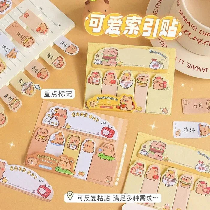 Capybara bookmark sticky notes multipack with colorful tabs and cartoon faces on cards
