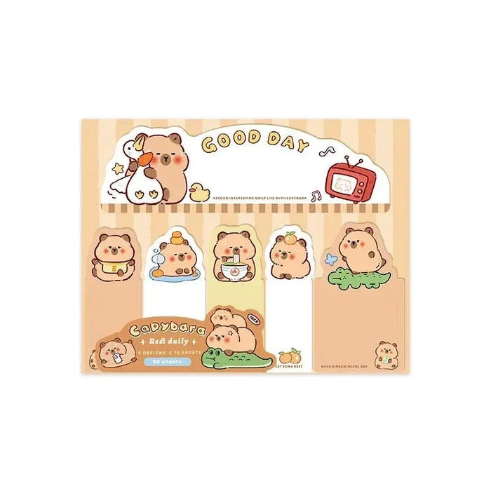 Capybara daily sticky note sheet with cartoon animal faces and a striped top banner