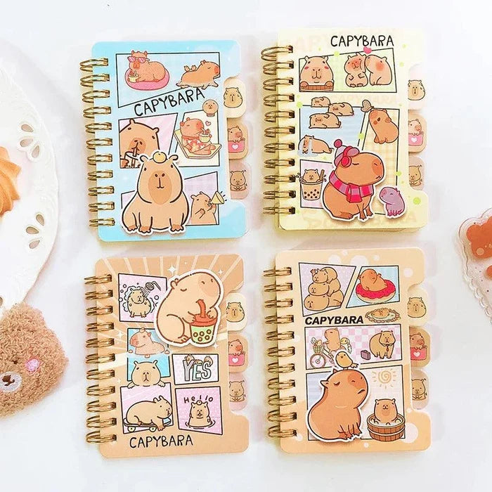 Set of cute mini notebooks with capybara cartoon covers, spiral binding, assorted colors