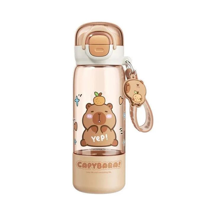 Single clear water bottle with peach lid, capybara graphic, and keychain loop