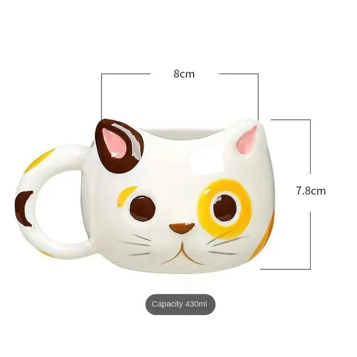 Cat ceramic mug diagram, white with yellow eye patch, 430ml capacity
