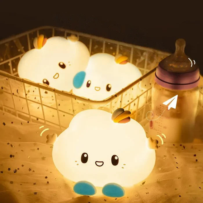 Cloud LED night lights with rainbow details and blue feet on a staircase.