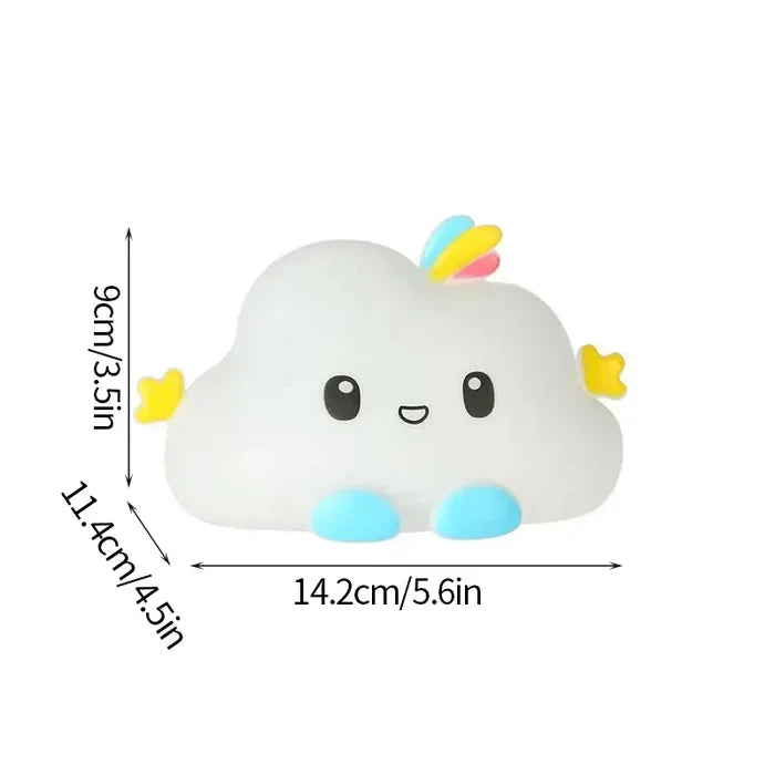 White cloud LED night light, 14.2cm wide x 9cm high, rainbow horn, blue feet.