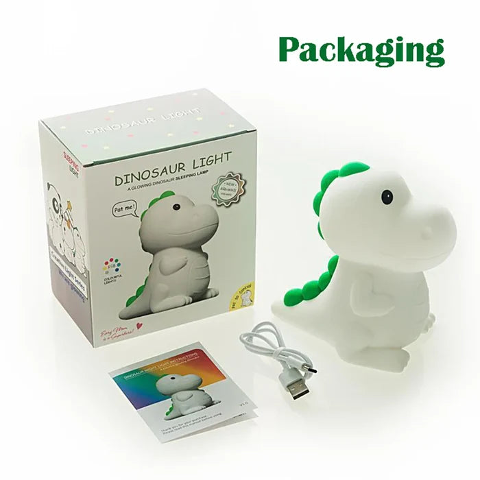 Dinosaur night light in retail box with included USB cable and instruction sheet