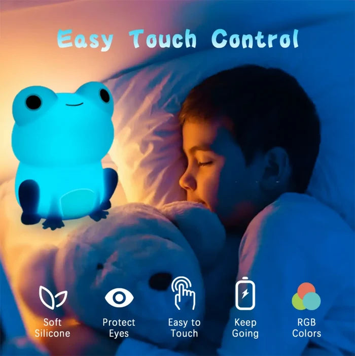 Silicone frog night light in blue, soft glow by a sleeping child