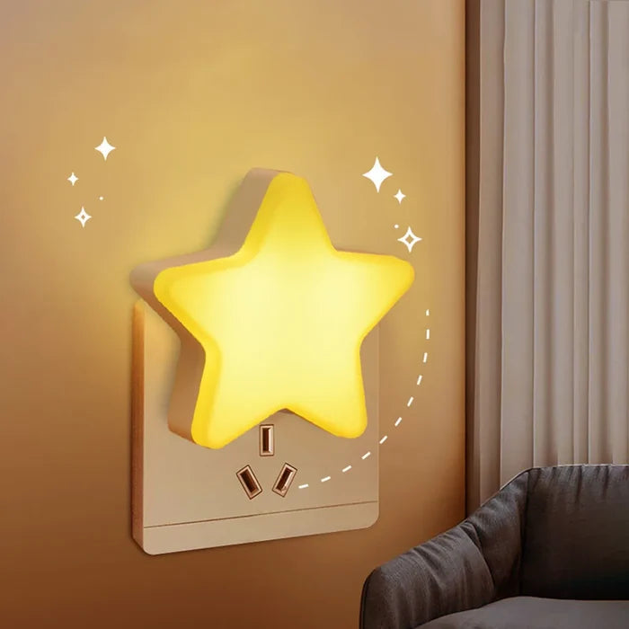 Star plug-in night light with yellow glowing star, soft LED light