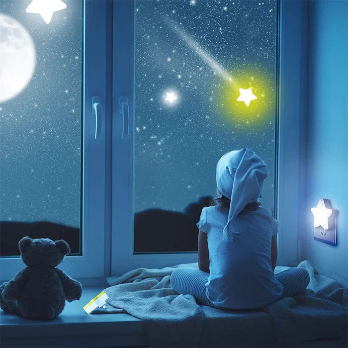 Star plug-in night light with small white glowing star on a wall
