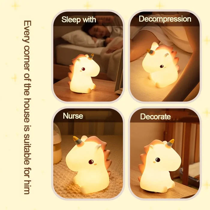 Glowing unicorn LED night light on a rug, with horn and small face