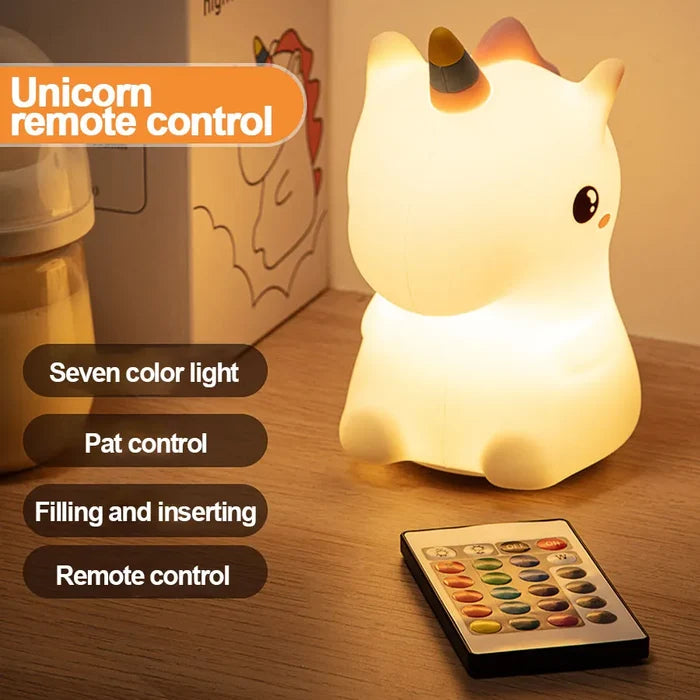 Unicorn LED night light with remote control on table, warm glow and horn