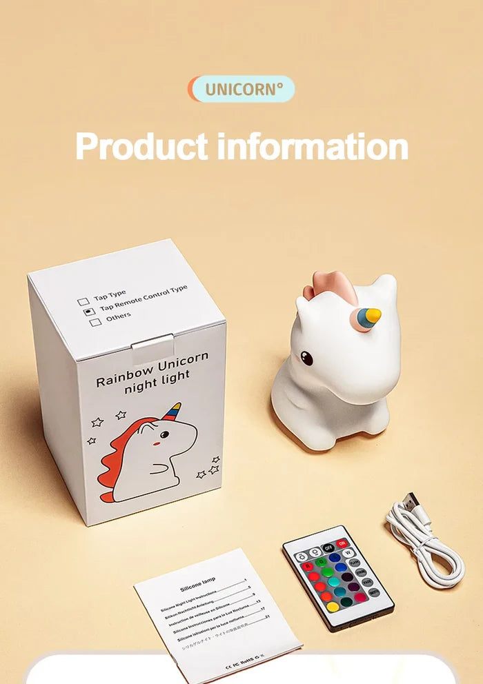 Unicorn LED night light set with box, rainbow-horn lamp, and remote accessories