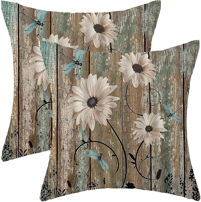 Floral square pillow cover with wood-plank print, daisy flowers, turquoise dragonflies