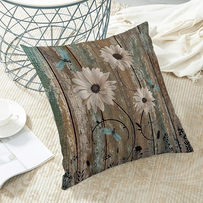 Floral square pillow cover, wood-plank and turquoise dragonfly print with white daisies