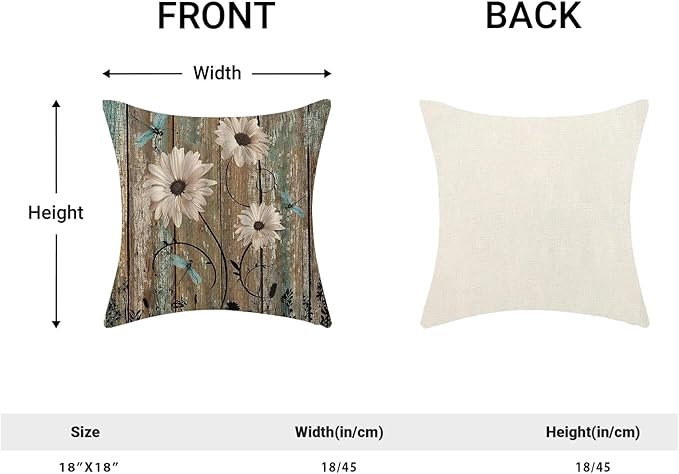 Square pillow cover: front floral print and plain back, 18x18 inch size diagram