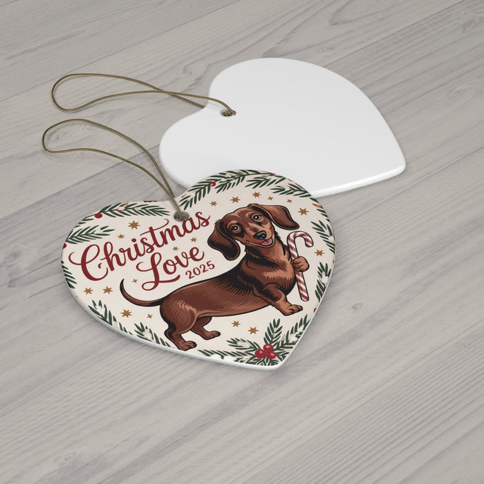 Heart-shaped ceramic dachshund ornament with string, text “Christmas Love 2025”.