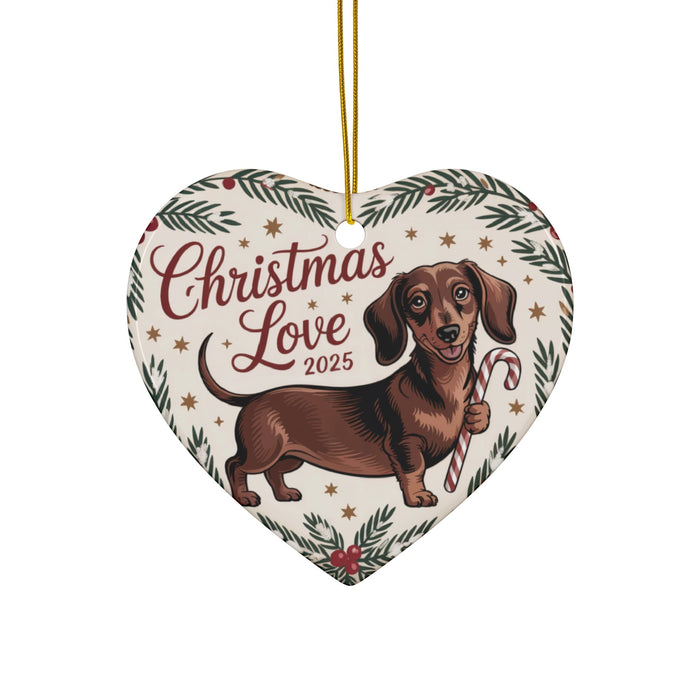 Heart-shaped ceramic ornament with dachshund and “Christmas Love 2025” on a hanging string.