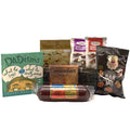 Snack and sausage gift basket with wrapped sausage links, crackers, and cookie wafers