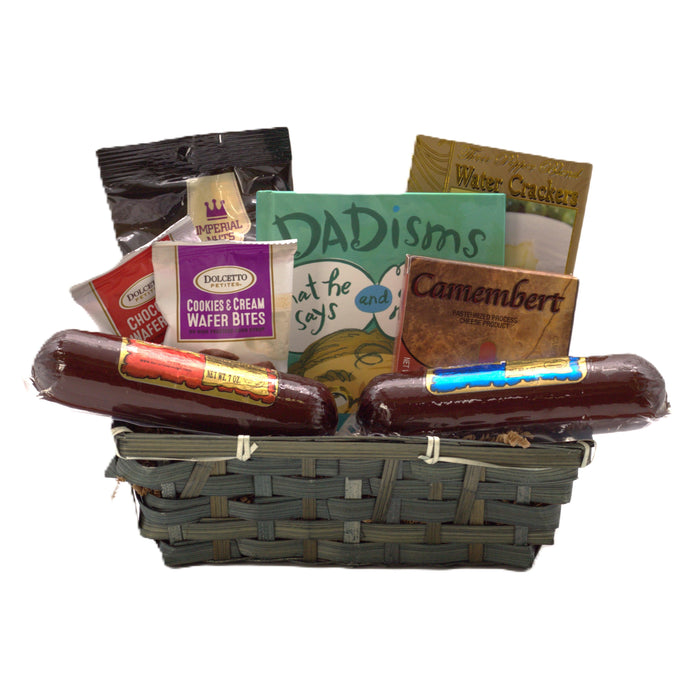 Snack and sausage gift basket with cured sausages, crackers, cookies, and nuts