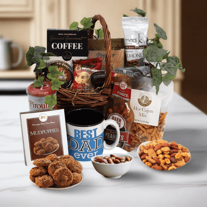 Gift basket with coffee packets, snacks, and peanuts in a woven wicker basket