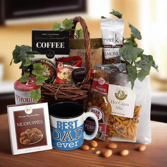 Gift basket with coffee, spiced mix, chips, and cookies in a woven wicker basket