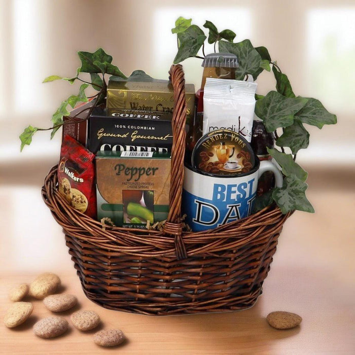 Woven gift basket with ground coffee, pepper mix, and snack packets