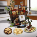 Gourmet gift basket with wicker basket and assorted snack packages, jar and nuts