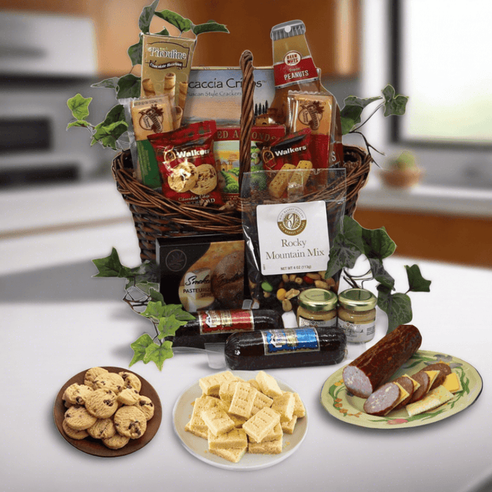 Gourmet gift basket with wicker basket and assorted snack packages, jar and nuts