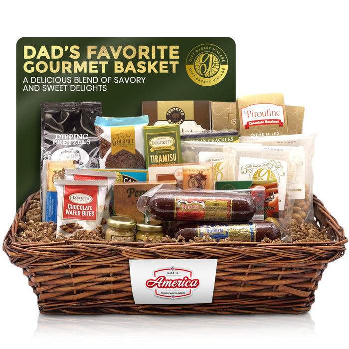 Gourmet snack gift basket with wrapped sweets, cookies, and crackers in a wicker tray