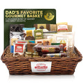 Gourmet snack gift basket with wrapped sweets, cookies, and crackers in a wicker tray