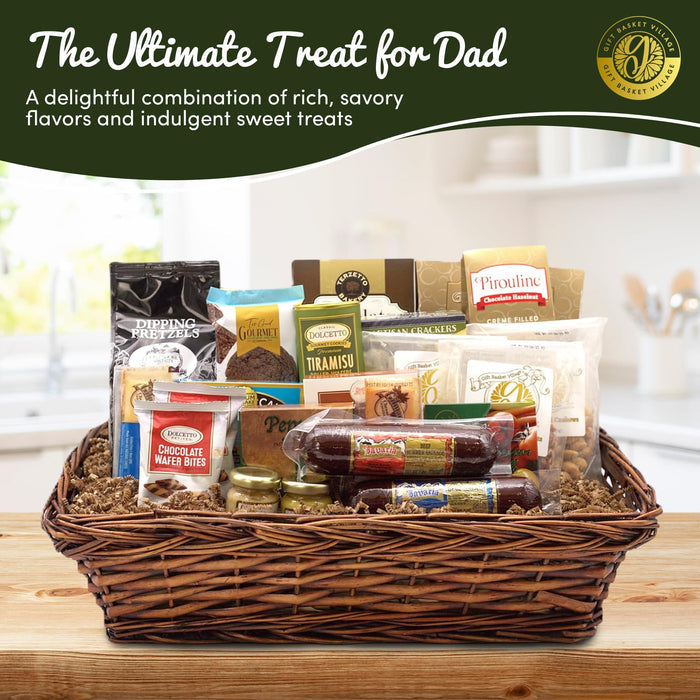 Gourmet snack gift basket in a wicker hamper with assorted packaged treats and cookies