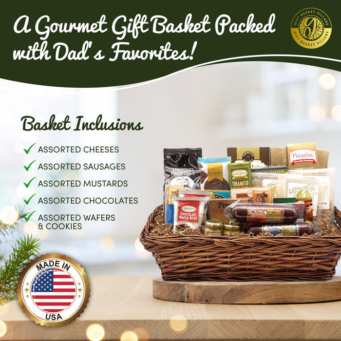 Wicker gift basket packed with assorted cheeses, mustards, chocolates, and wafers