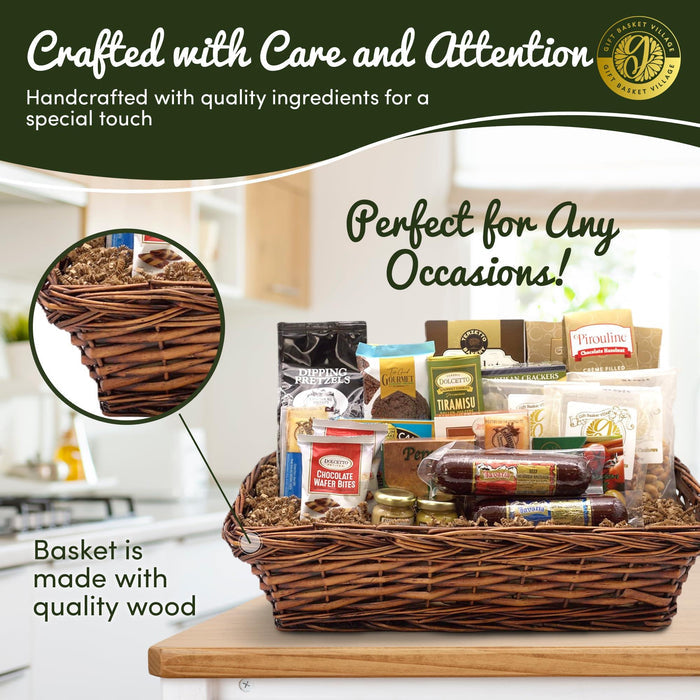 Wicker gift basket with quality wood base, filled with assorted packaged snacks