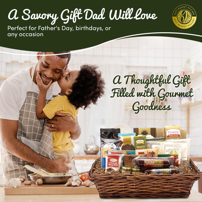 Gourmet gift basket in wicker filled with assorted packaged snacks and chocolate desserts